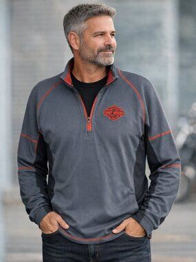 Harley Davidson HD Tech 1/4 Zip Pullover Mens Sz M Grey Embroidered Logo Pockets